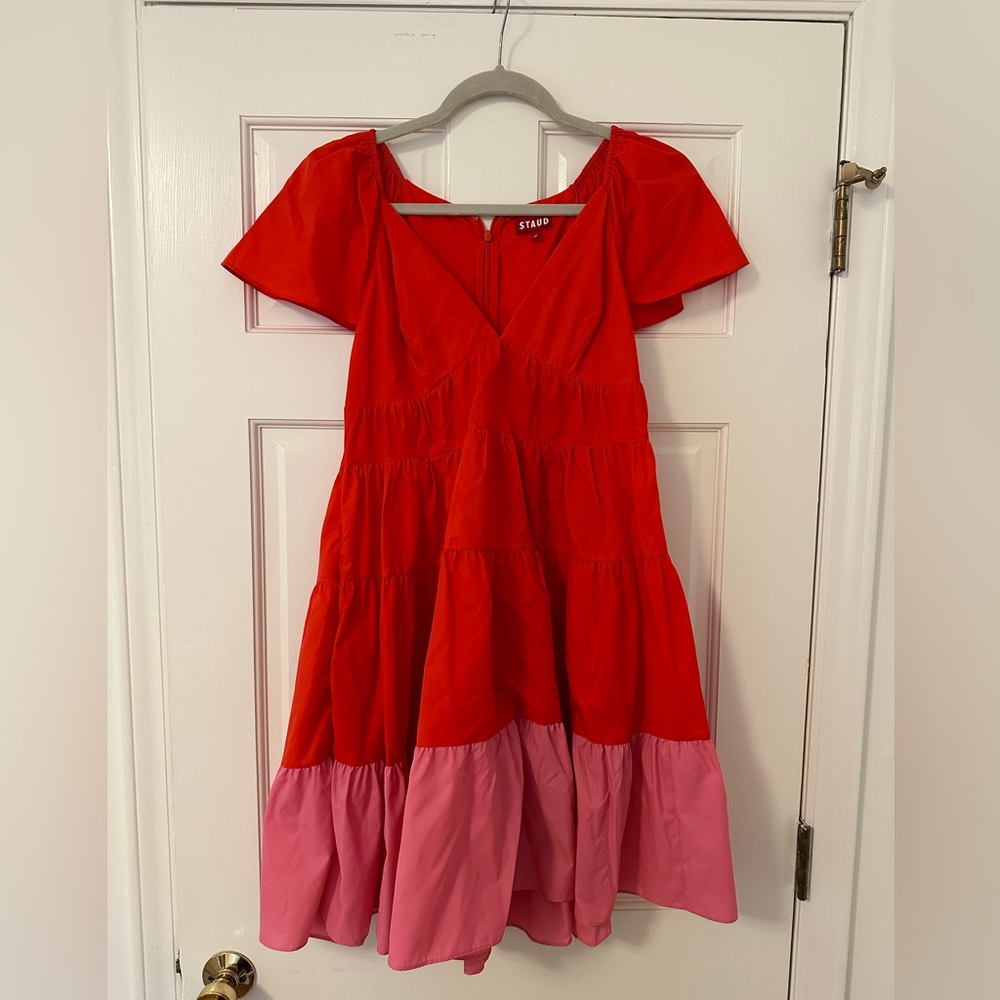 STAUD Red/Pink V-neck mini dress